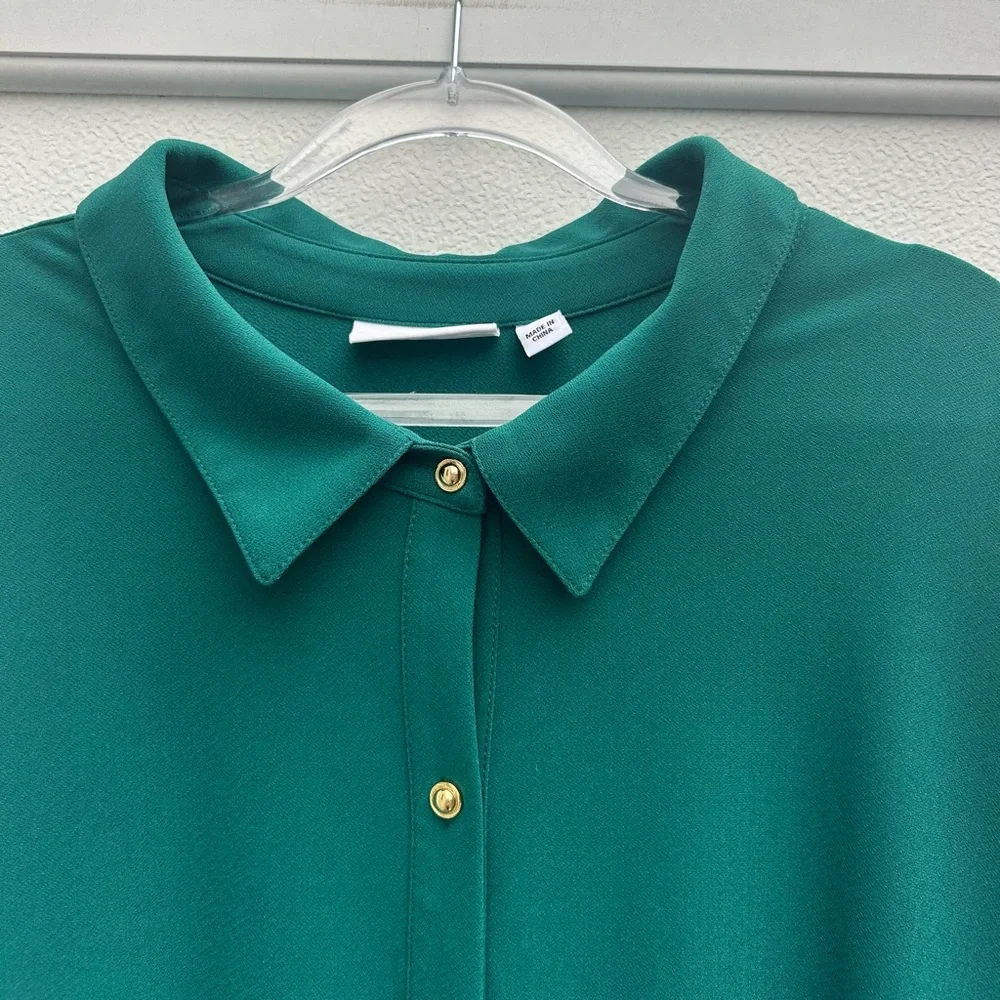 Susan Graver Liquid Knit Top 4X Asymmetrical Hem Kelly Green Button Front Tunic - Picture 3 of 11